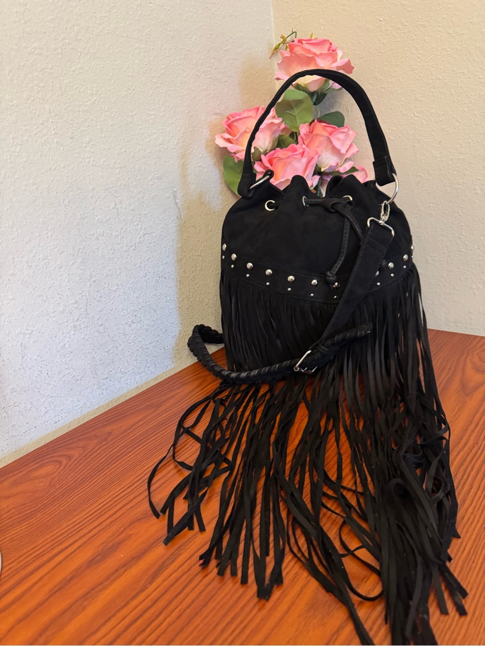 Missguided Black Fringe Drawstring Bucket Bag